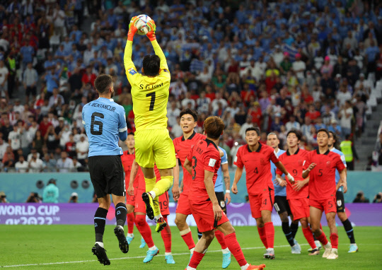 24일 오후(현지시간) 카타르 알라이얀의 에듀케이션 시티 스타디움에서 열린 2022 카타르 월드컵 조별리그 H조 1차전 대한민국과 우루과이 경기. 대한민국의 골키퍼 김승규가 후반 막바지 우루과이의 코너킥을 막아내고 있다. [알라이얀=연합뉴스]